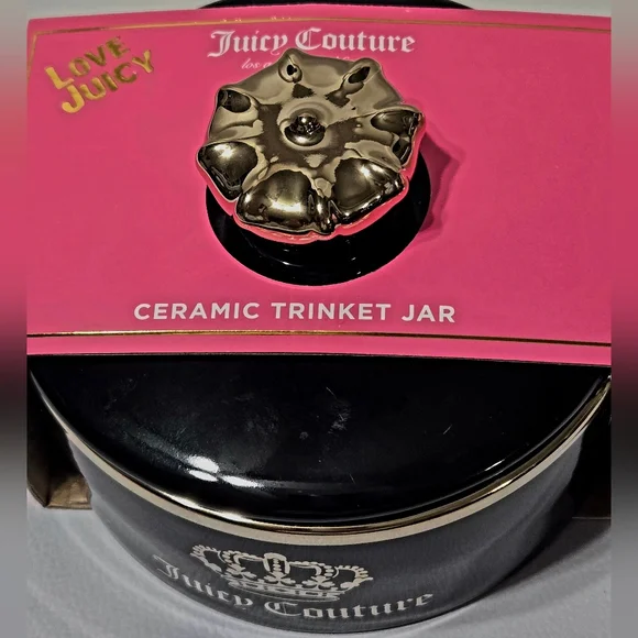 NEW Juicy Couture Black and Gold Bow Ceramic Trinket Jar with Lid, 5 Inches NWT - Picture 3 of 5